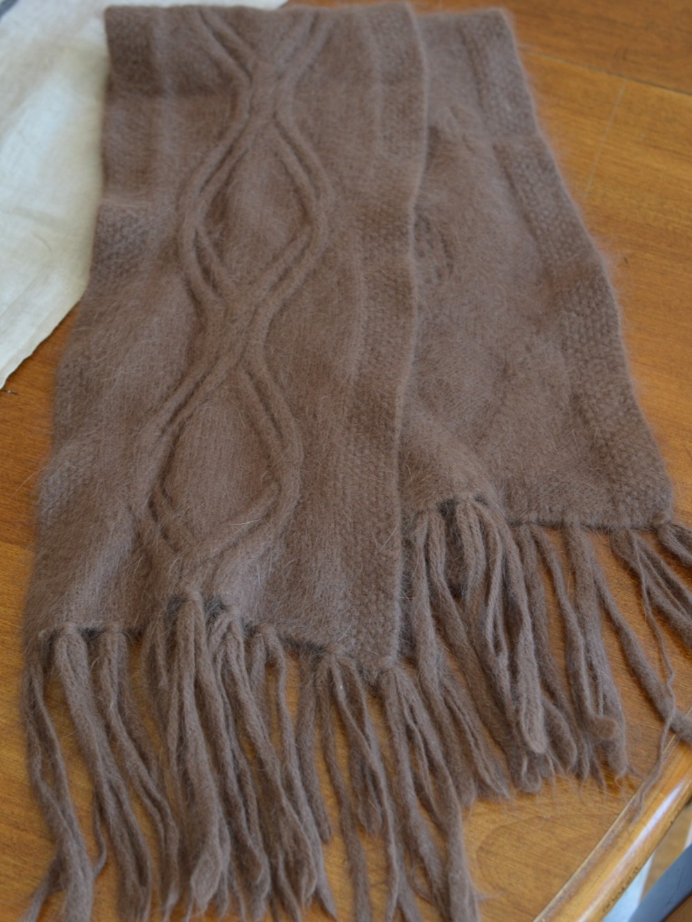 Brown Angora Blend Fuzzy Cable Knit Scarf with Fringe
